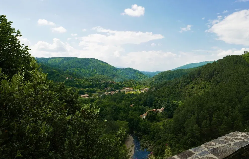 Vue panoramique sur la vallée verdoyante et les montagnes de Peyremale.
